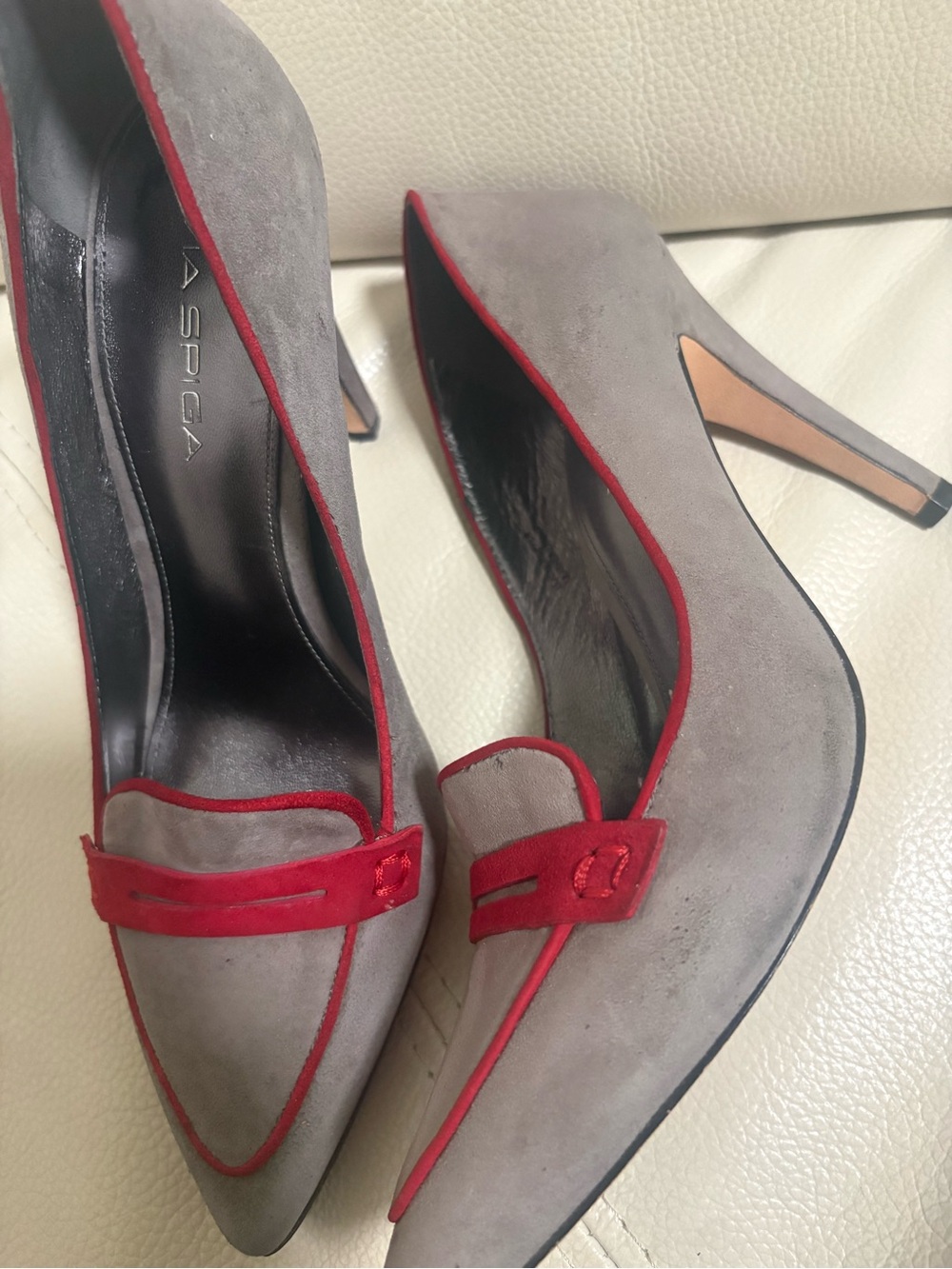 Via Spiga Gray Suede Pointed Pumps with Red Trim Size 8.5